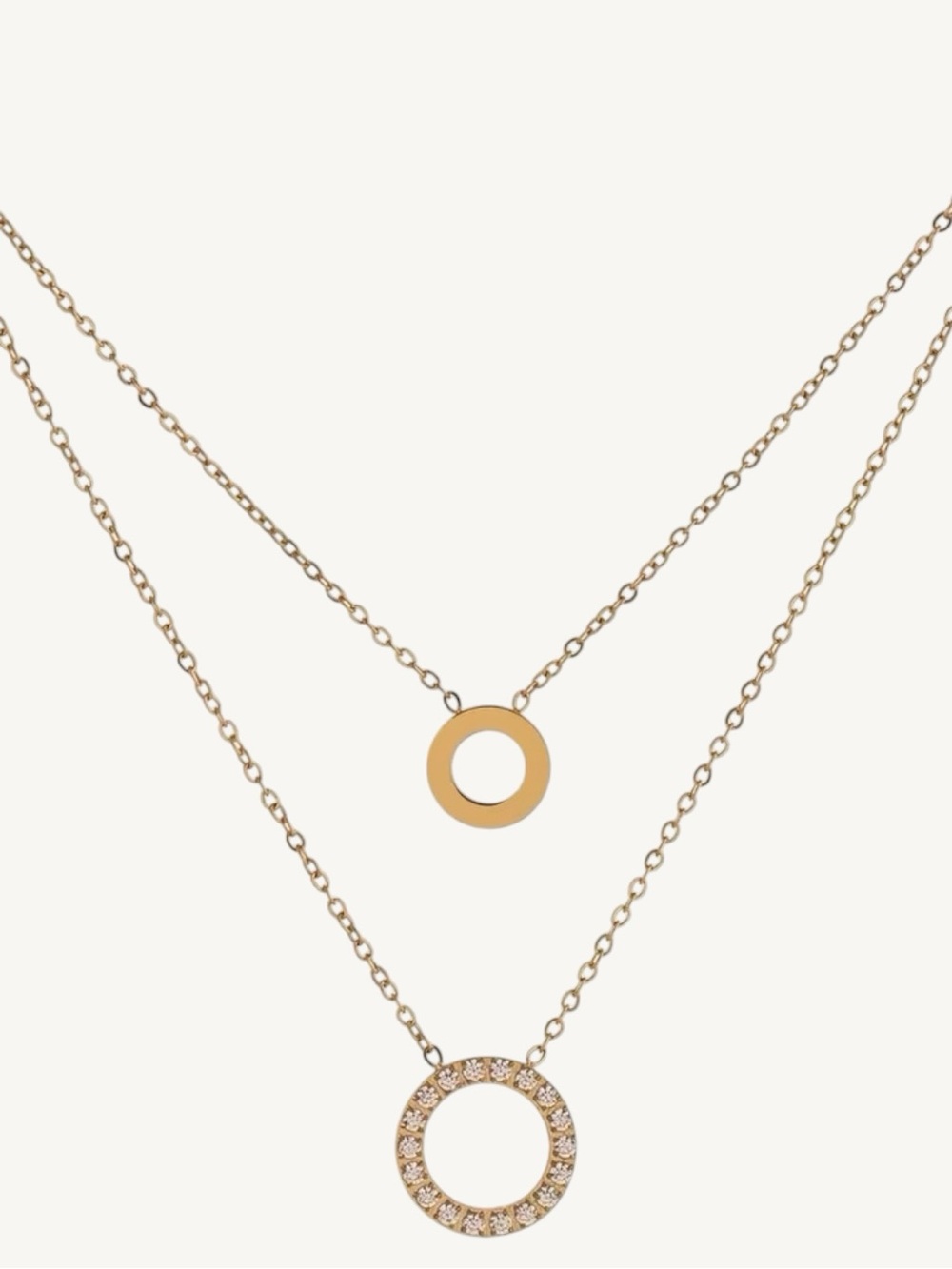 18K Gold PVD Double Layer Circle Pendant Necklace CZ Stainless Steel